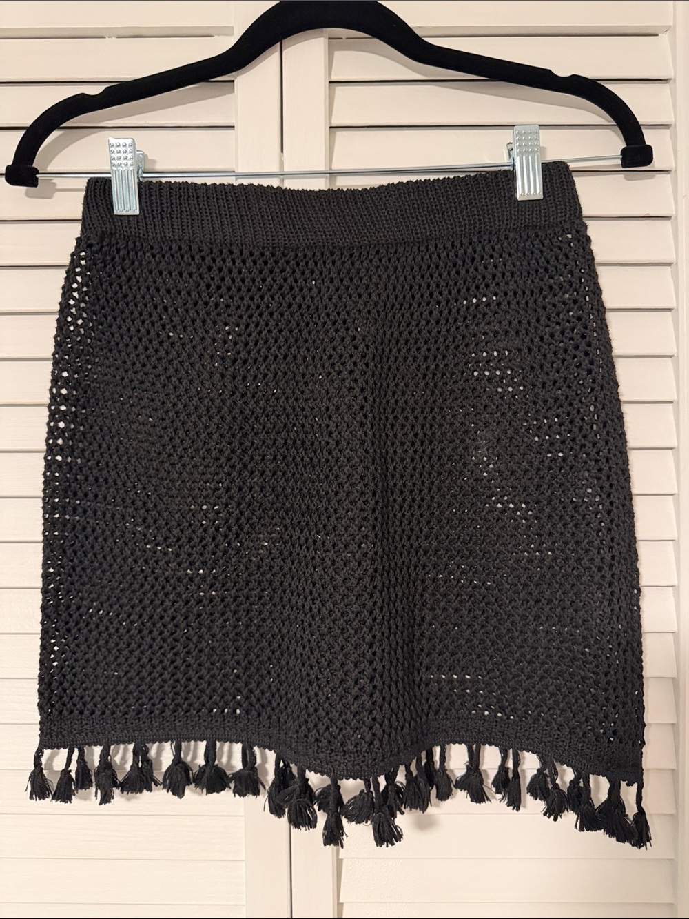 Black Crochet Tassel Hem Womens Skirt